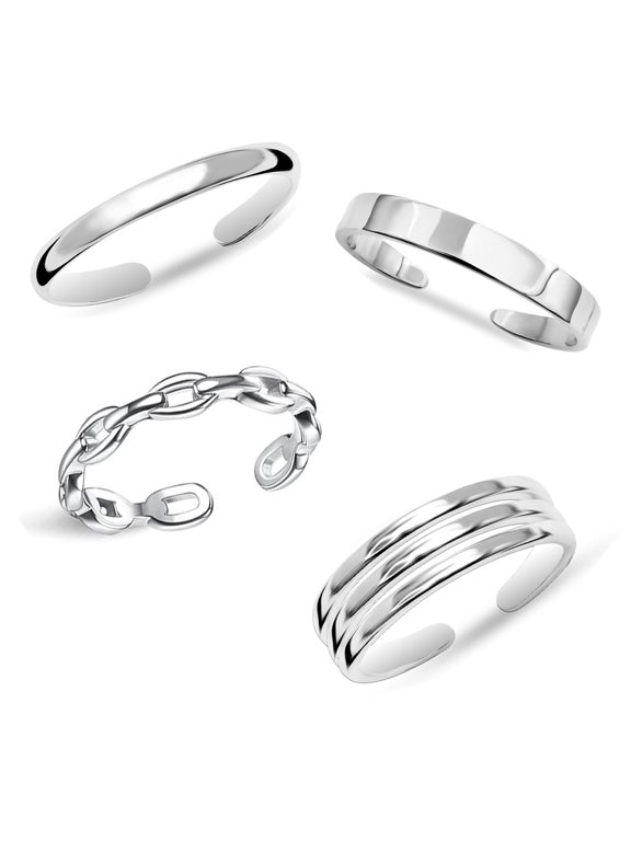 4 Pcs 925 Sterling Silver Toe Rings for Women | Open Adjustable Band Rings Jewelry Set | Summer Beach Toe Rings Set Foot Jewelry