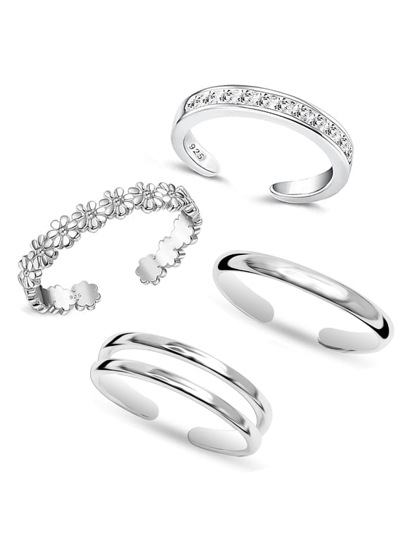 4 Pcs 925 Sterling Silver Toe Rings for Women | Open Adjustable Flower Simple Band CZ Toe Ring Jewelry Set | Summer Beach Bare Foot Jewelry