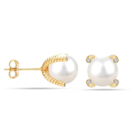 LeCalla 925 Sterling Silver 14K Gold-Plated Simulated Pearl Stud Earrings for Women and Teen 9MM