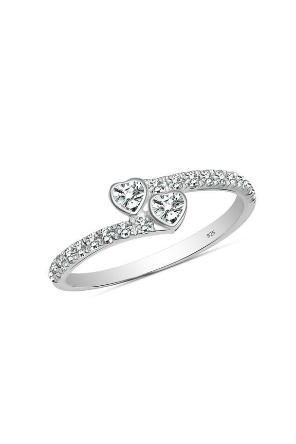 925 Sterling Silver 14K Rhodium Plated Light Weight Italian Design Wedding Band Rings for Women With Two Sparkling Cubic Zirconia CZ Heart Finger Rings for Her (Size - 5)