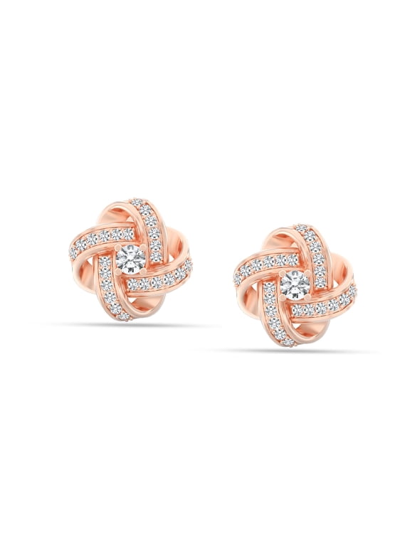 925 Sterling Silver 14K Rose Gold-Plated Cubic Zirconia SMALL Love Knot Micro Pave Stud Earrings for Women and Teen 12MM
