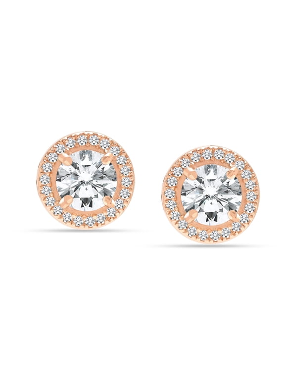 925 Sterling Silver 14K Rose Gold-Plated Post Brilliant Round Cubic Zirconia Halo Stud Earrings for Men & Women 15MM
