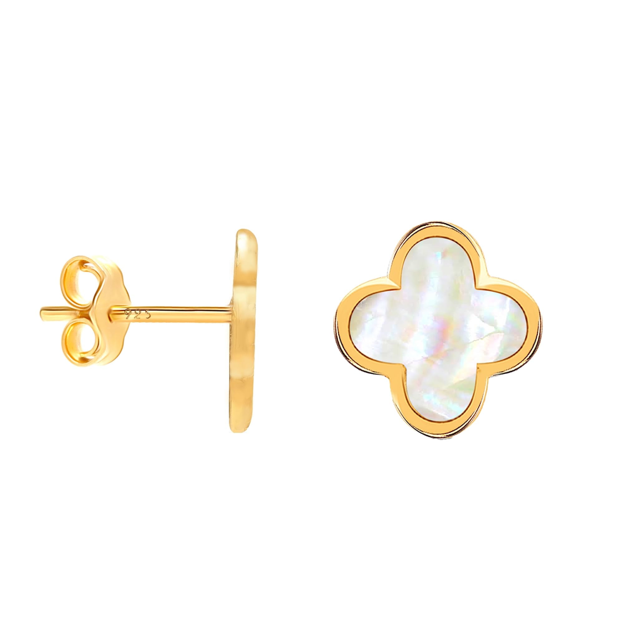 LeCalla 925 Sterling Silver 18K Gold-Plated Mother Of Pearl Clover Leaf Stud Earring for Women and Teen 10MM