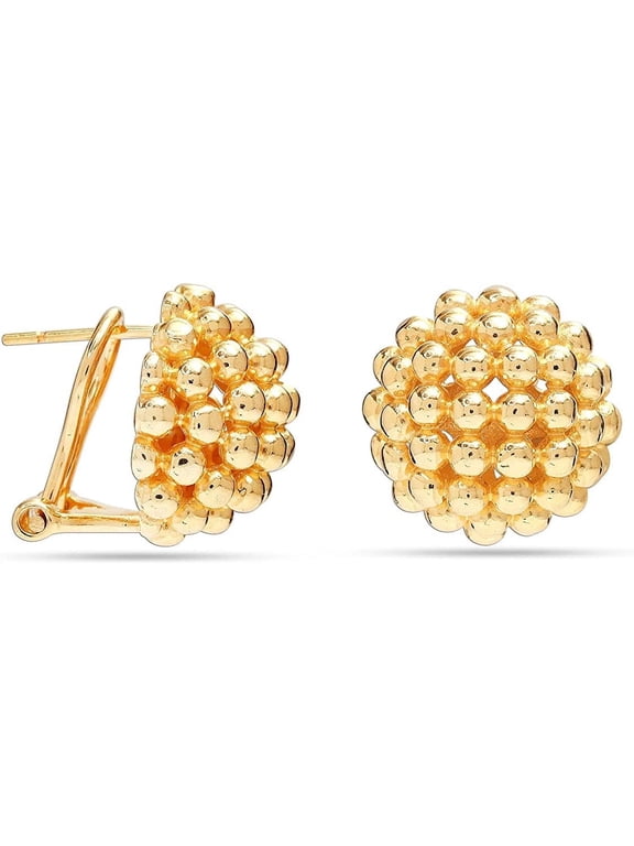 925 Sterling Silver 18K Yellow-Gold Plated Round Beaded Omega Back Stud Earrings for Women and Teen 15MM