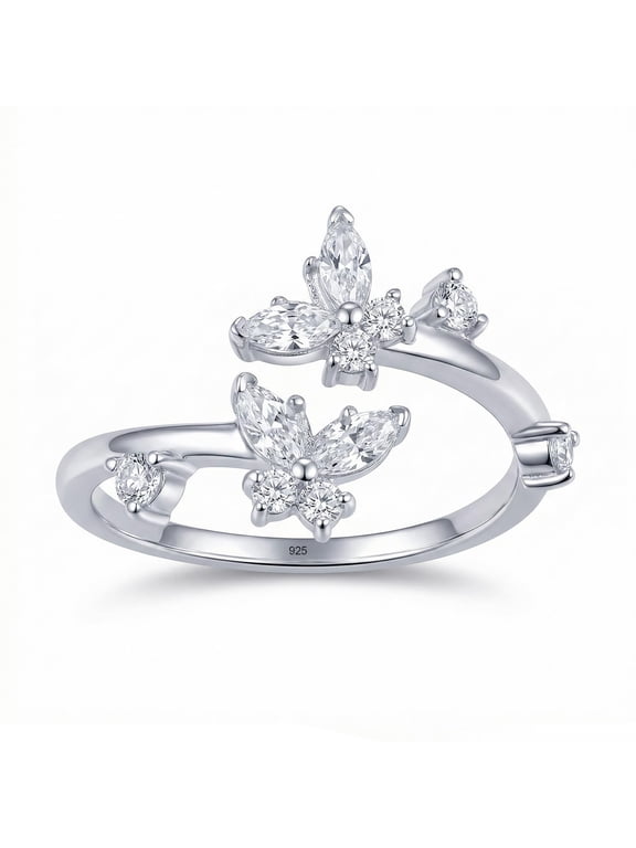 925 Sterling Silver Adjustable CZ Butterfly Toe Rings for Women | Double Butterfly Design Toe Ring with Studded Cubic Zirconia | Women's Silver Foot Jewelry Gift