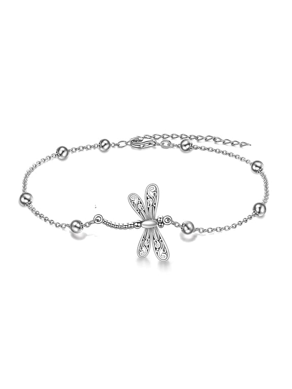 925 Sterling Silver Adjustable Dragonfly Beaded Anklet 11 Inch