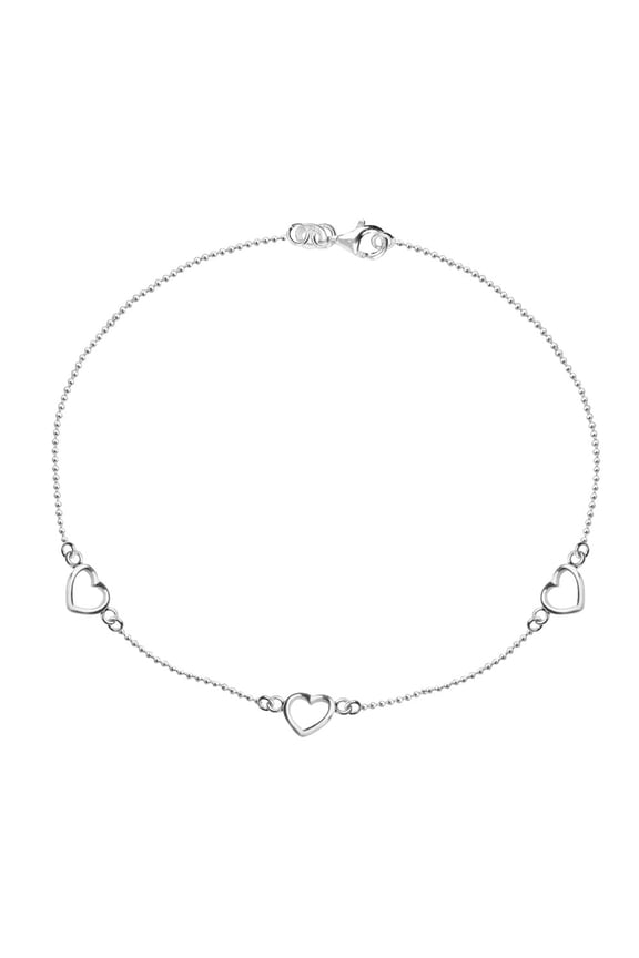 925 Sterling Silver Anklets Light-Weight Triple Heart Cut-Out Ball Chain Anklet Jewelry Gifts for Women and Teen 10" Inch