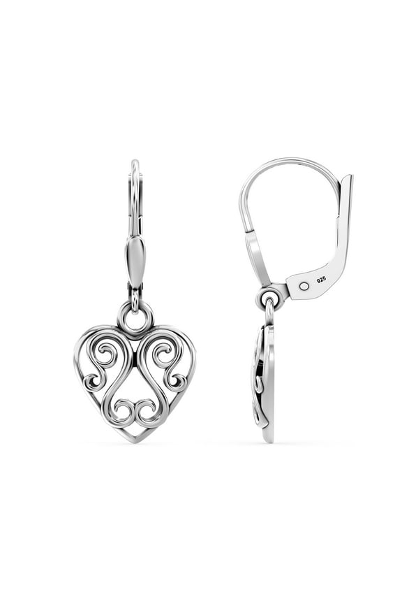 925 Sterling Silver Antique Heart Filigree Leverback Drop Dangle Earrings for Women and Teen 30MM