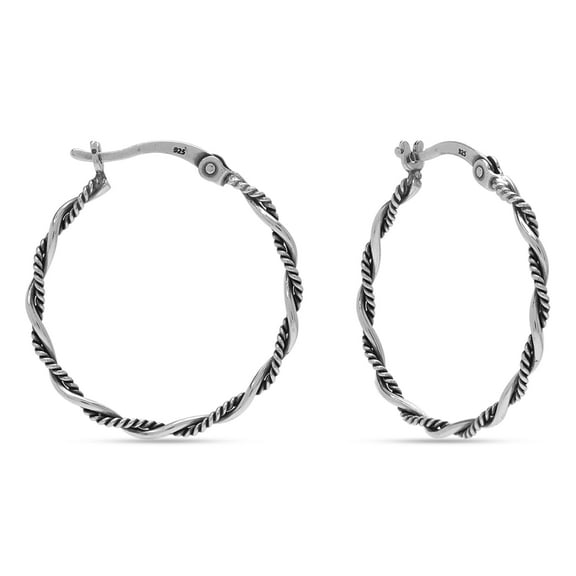 LeCalla 925 Sterling Silver Antique Jewelry Weaved Band Hoops Earrings Lightweight Twisted Rope Design Small Click-Top Hoop Earrings for Women Teen 25MM