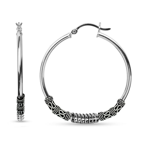 LeCalla 925 Sterling Silver Antique Oxidized Click Top Big Balinese Hoop Earrings Jewelry Gifts for Women and Teen 60MM