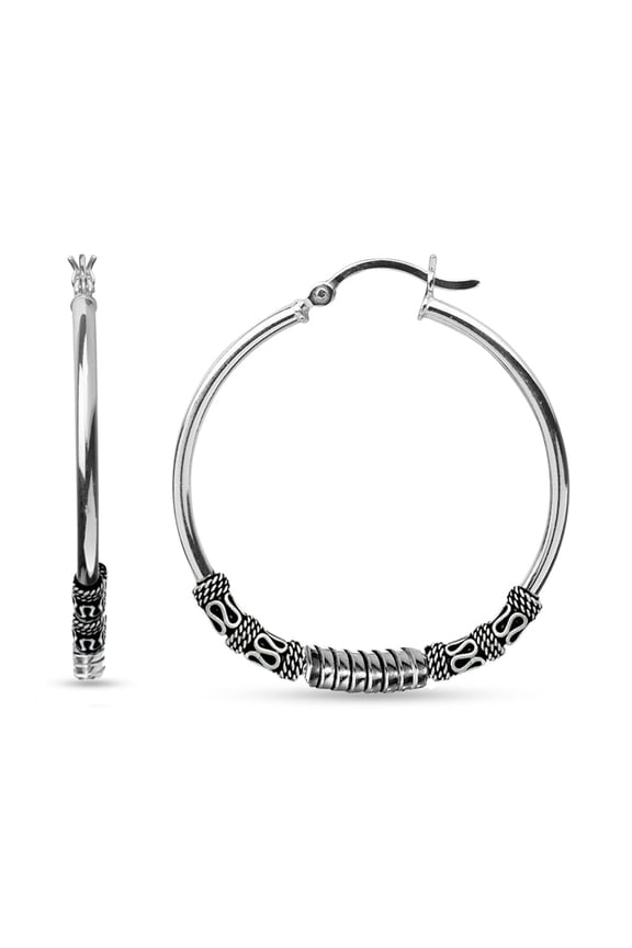 925 Sterling Silver Antique Oxidized Click Top Big Balinese Hoop Earrings Jewelry Gifts for Women and Teen 60MM