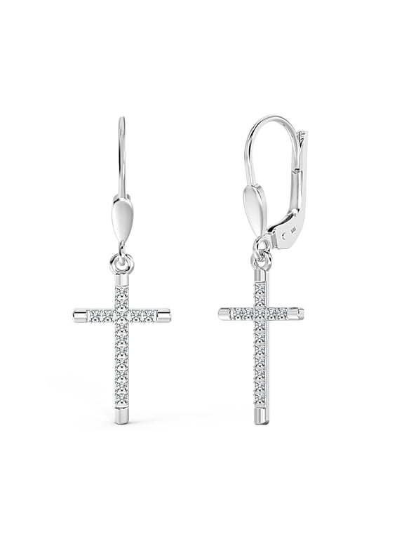 925 Sterling Silver CZ Cross Earrings for Men | Classic Micro Pave Cubic Zirconia Leverback Dangle Drop Earring 33MM