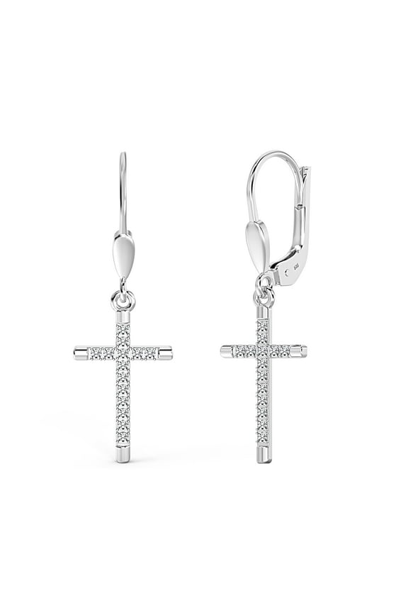 925 Sterling Silver CZ Cross Earrings for Men | Classic Micro Pave Cubic Zirconia Leverback Dangle Drop Earring 33MM