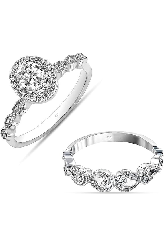 925 Sterling Silver CZ Rings for Women Rhodium-Plated Oval Zirconia Classic Engagement Ring Zirconia Wedding Band for Women Promise Rings for her (Size - 8)