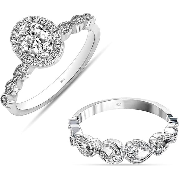 LeCalla 925 Sterling Silver CZ Rings for Women Rhodium-Plated Oval Zirconia Classic Engagement Ring Zirconia Wedding Band for Women Promise Rings for her (Size - 8)