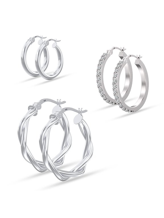 925 Sterling Silver Twisted & Cubic Zirconia Hoop Earrings Set, 3 Pairs (13mm, 15mm, 20mm)