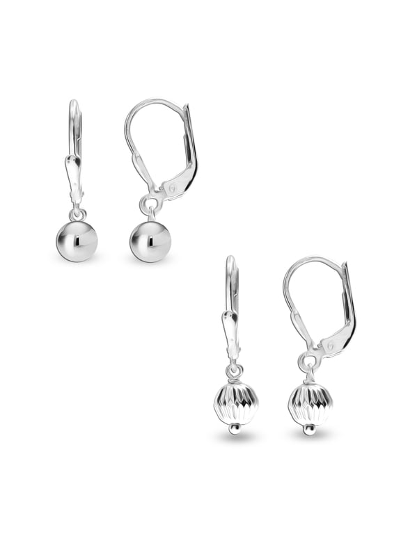 925 Sterling Silver Classic and Diamond-Cut Small Ball Lever Back Drop Dangle Earrings for Women and Teen Set of 2 Pairs 8MM