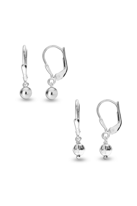 925 Sterling Silver Classic and Diamond-Cut Small Ball Leverback Drop Dangle Earrings For Woman and Teen Set of 2 Pairs 5MM