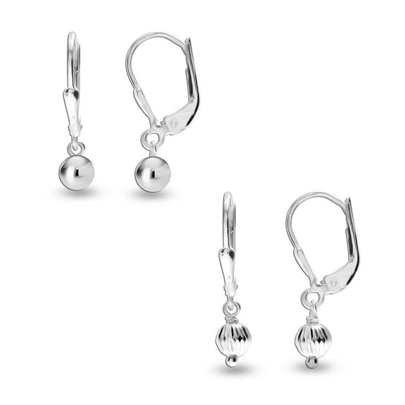 LeCalla 925 Sterling Silver Classic and Diamond-Cut Small Ball Leverback Drop Dangle Earrings For Woman and Teen Set of 2 Pairs 5MM