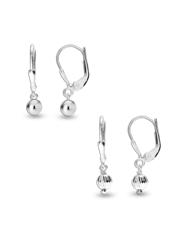 925 Sterling Silver Classic and Diamond-Cut Small Ball Leverback Drop Dangle Earrings For Woman and Teen Set of 2 Pairs 5MM