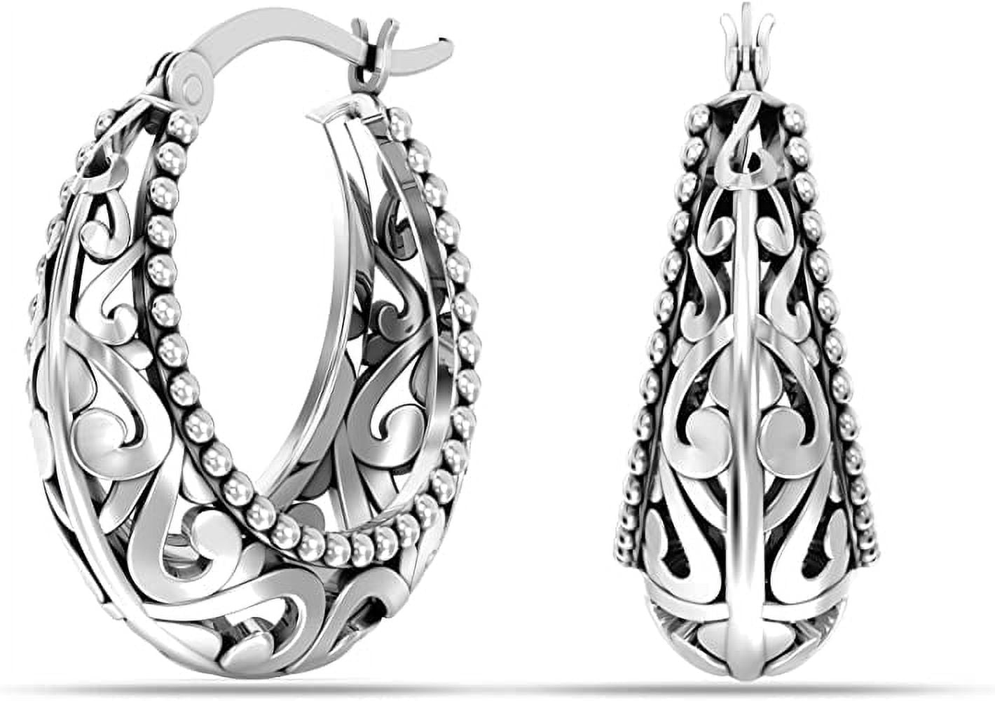 LeCalla 925 Sterling Silver Click Top Hypoallergenic Light Weight Filigree Hoop Earrings for Women and Teen 20MM