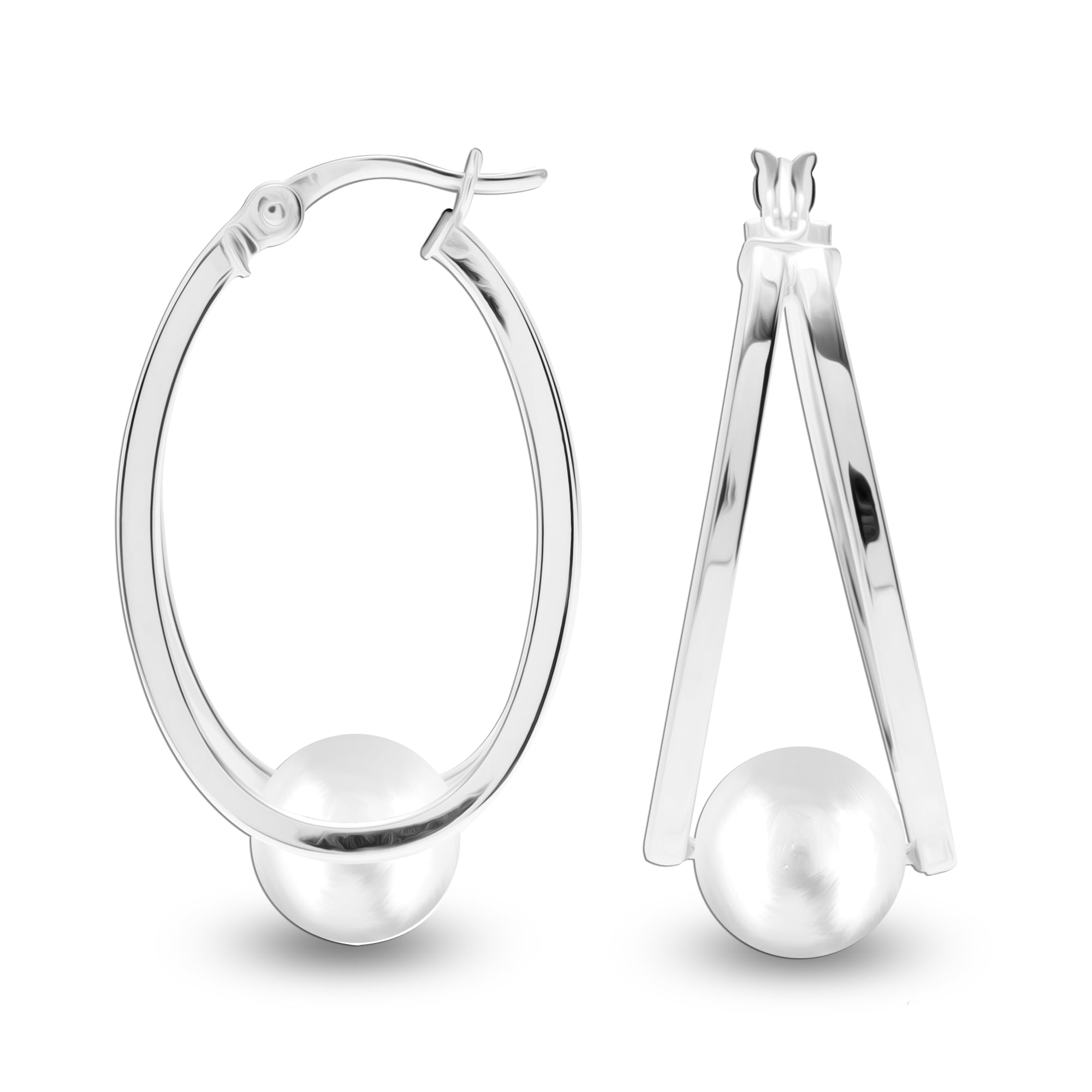 LeCalla 925 Sterling Silver Click Top Pearl Double Hoop Earrings Jewelry Gifts for Women and Teen 29MM