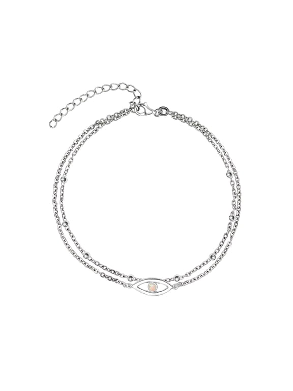 925 Sterling Silver Created Opal Layered Evil Eye Beaded Adjustable Anklet for Teen Women