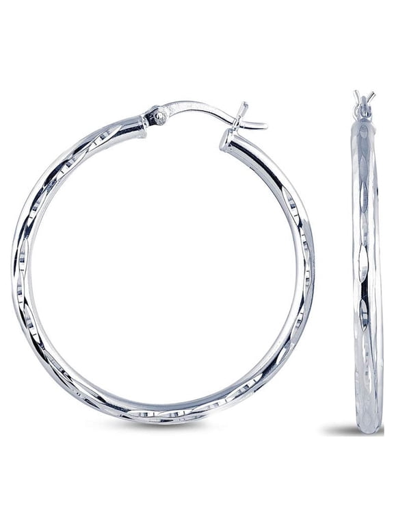925 Sterling Silver Diamond-Cut Click Top Hoop Earrings 2.5MM Thick Italian Light-Weight Earrings for Women 35MM