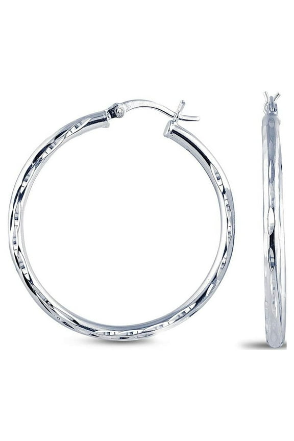 925 Sterling Silver Diamond-Cut Hoop Earrings, 2.5MM Thick, Italian Small Click Top, 15MM