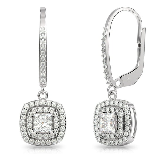 LeCalla 925 Sterling Silver Double Halo Cubic Zirconia Halo Drop Dangle Leverback Earring for Women and Teen 30MM