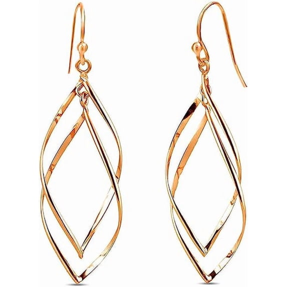 LeCalla 925 Sterling Silver Double Twisted 14K Rose Gold-Plated Drop Dangle Earrings Linear Marquise Loops for Women and Teen 55MM