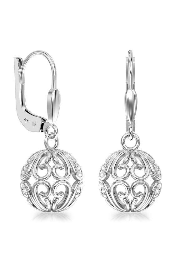 925 Sterling Silver Drop Dangle Earrings | Heart Filigree Ball Leverback Earring