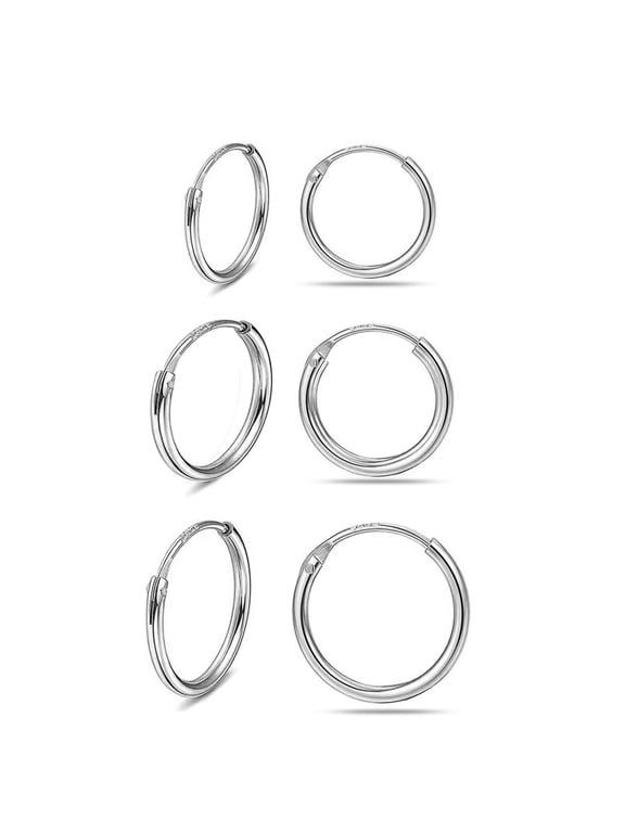 925 Sterling Silver Anti-Tarnish Endless Hoop Earrings Set of 3 Pairs (12MM, 15MM, 16MM) for Women and Teens