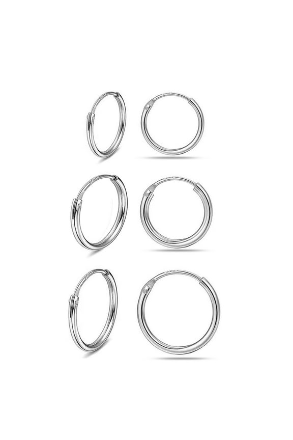 925 Sterling Silver Anti-Tarnish Endless Hoop Earrings Set of 3 Pairs (12MM, 15MM, 16MM) for Women and Teens