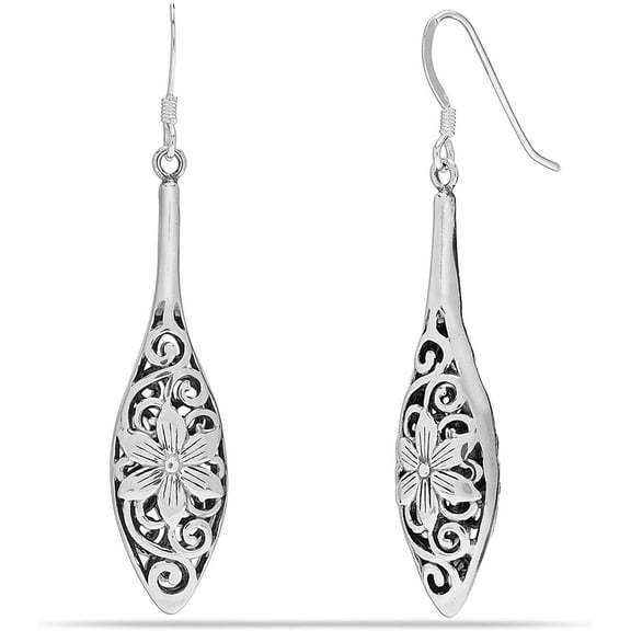 LeCalla 925 Sterling Silver Filigree Bali Inspired Flower Teardrop Dangle Hook Earrings for Women and Teen 51MM
