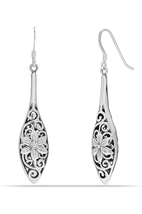 925 Sterling Silver Filigree Bali Inspired Flower Teardrop Dangle Hook Earrings for Women and Teen 51MM