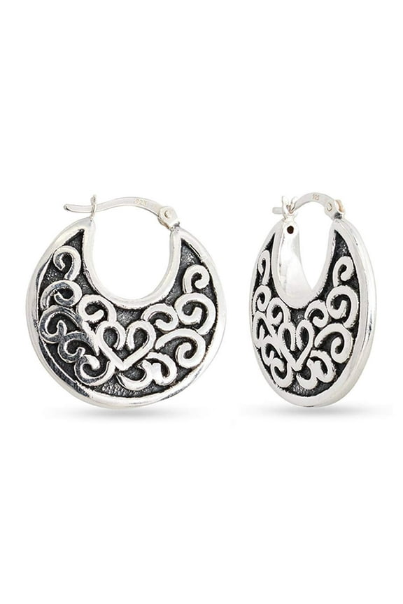 925 Sterling Silver Filigree Hoop Earrings Light Weight Click Top Antique Jewelry Gifts for Women and Teen 26MM