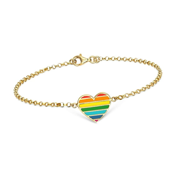 LeCalla 925 Sterling Silver Gold-Plated Italian Rainbow Enamel Heart Charm Bracelet for Women and Girls 7.5" Inch