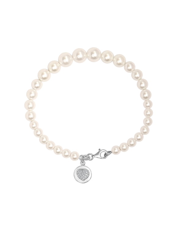 925 Sterling Silver Heart Charm Multi-Size Pearl Bracelet for Women 7.5" Inch