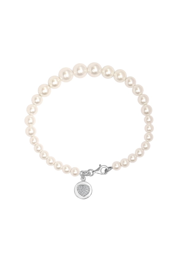 925 Sterling Silver Heart Charm Multi-Size Pearl Bracelet for Women 7.5" Inch