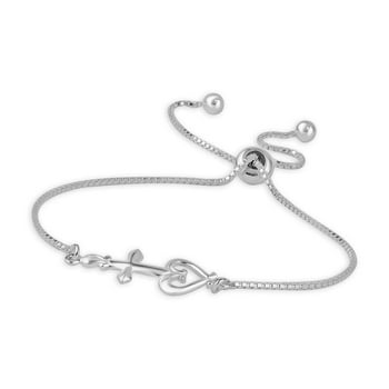 LeCalla 925 Sterling Silver Heart With Cross Adjustable Bolo Bracelet for Her Love Mother Women and Teen Girls 8.5" Inch