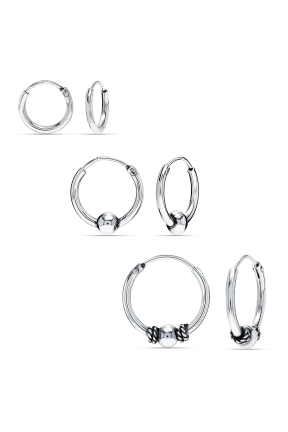 925 Sterling Silver Boho Tribal Bali Hoop Earrings Set for Women
