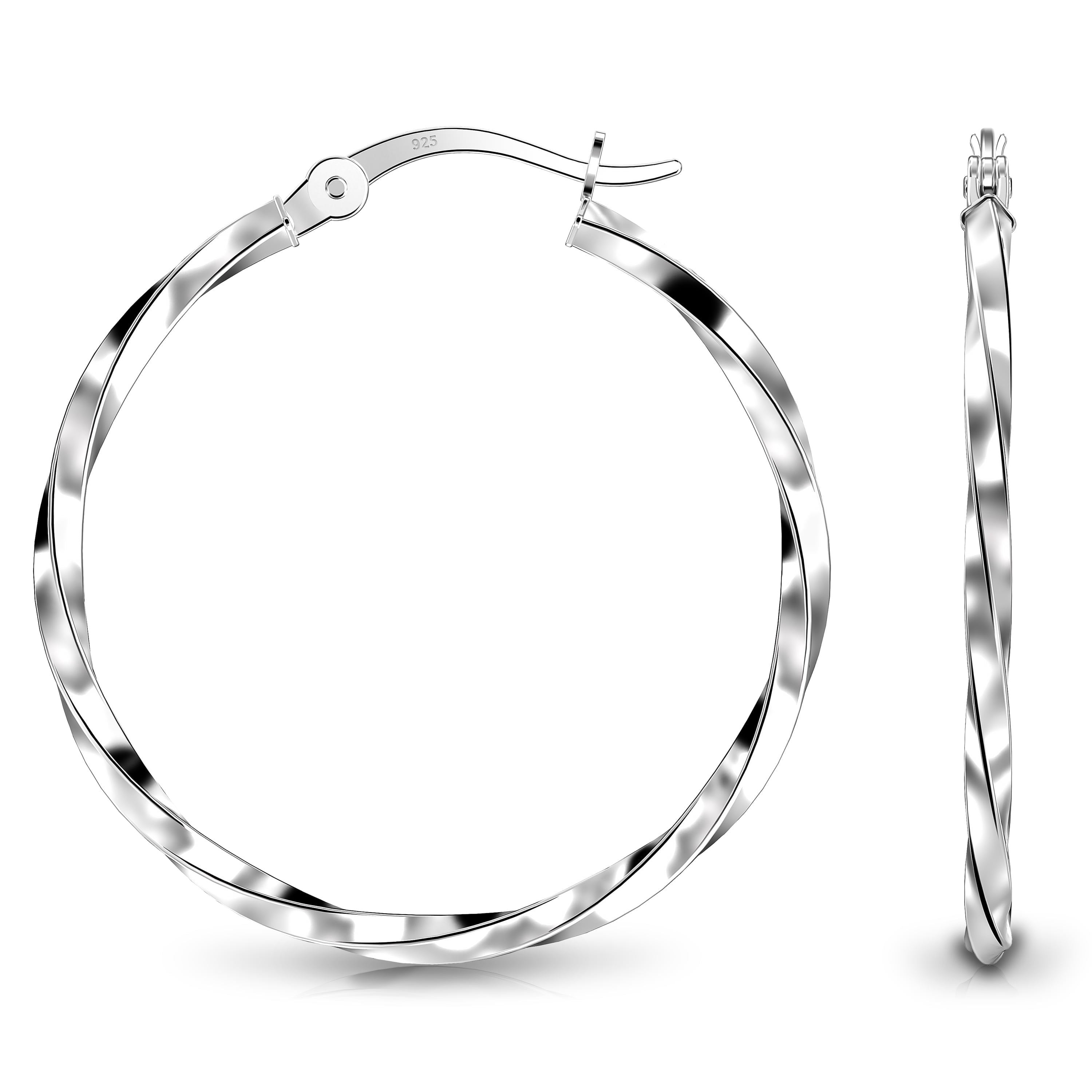 LeCalla Sterling Silver Hoop Earrings, Anti-Tarnish, 40mm, Twisted Round Click Top Design (Women's)