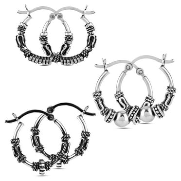 LeCalla 925 Sterling Silver Hoop Earrings Set of 3 Pair Light-Weight Click Top SMALL Balinese Hoop Earrings for Women and Teen (17MM, 17MM, 17MM)