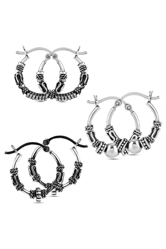 Antique 925 Sterling Silver Hoop Earrings Set of 3 Pairs Lightweight for Women and Teen (17MM)