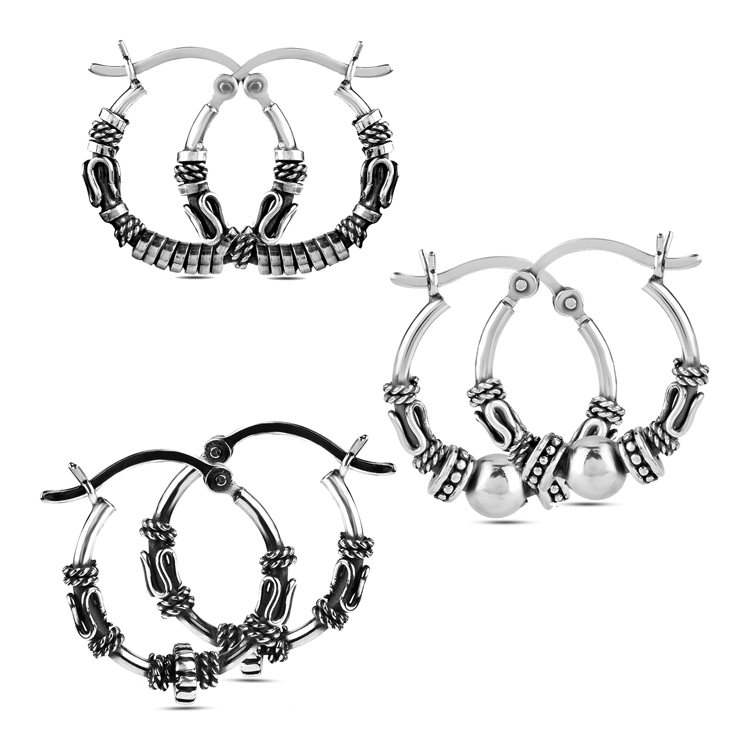 LeCalla Sterling Silber Bali Hoop Ohrringe - Zwei-Farben, Click-Top Verschluss, 30mm
