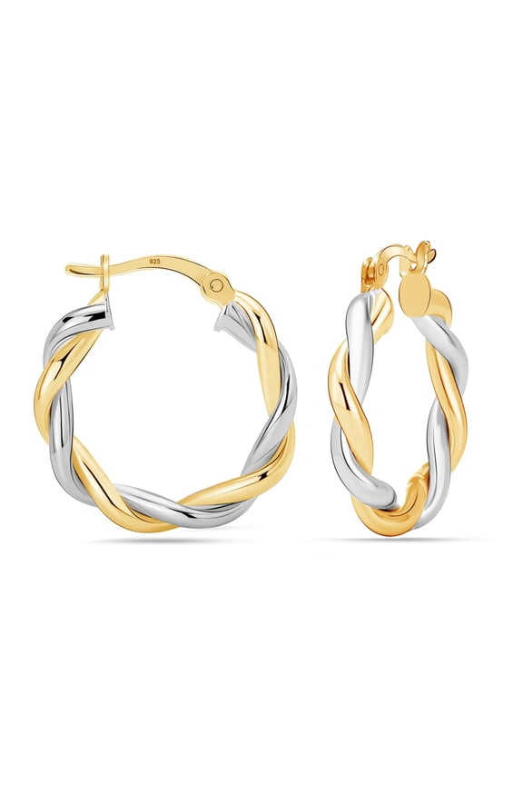 925 Sterling Silver Two-Tone Twisted Click-Top Hoop Earrings