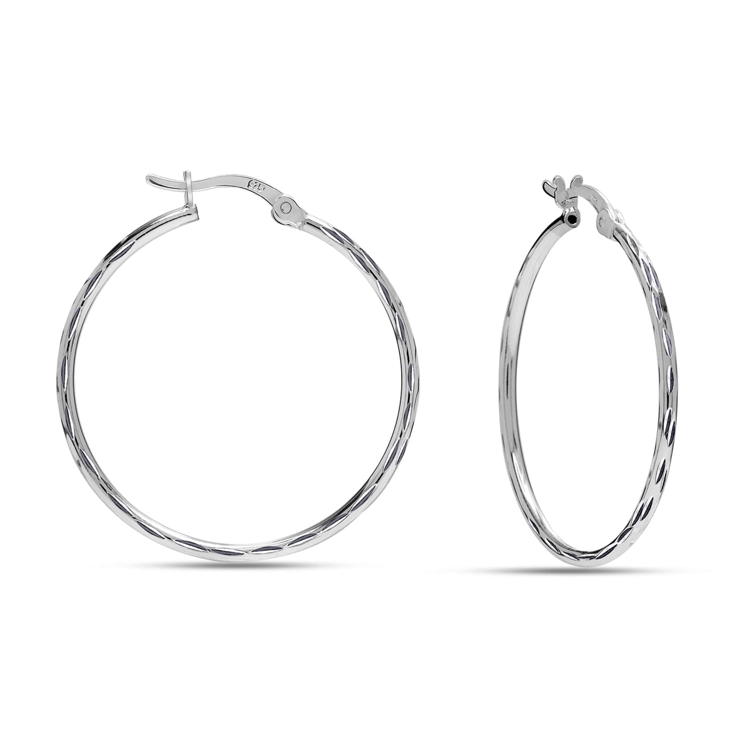 LeCalla 925 Sterling Silver Hoop Earrings for Women | Medium Classic Diamond-Cut Textured Hoops Earring | Womens Click-Top Earring Hoop 30MM