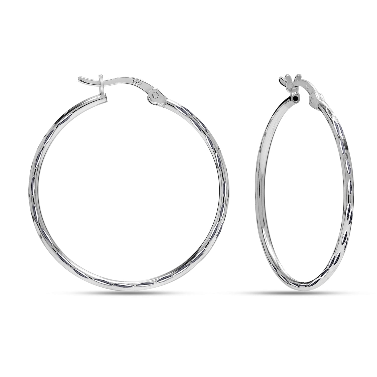 LeCalla 925 Sterling Silver Hoop Earrings for Women | Medium Classic Diamond-Cut Textured Hoops Earring | Womens Click-Top Earring Hoop 35MM