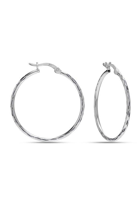 925 Sterling Silver Hoop Earrings for Women | Medium Classic Diamond-Cut Textured Hoops Earring | Womens Click-Top Earring Hoop 35MM